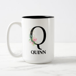 Caneca De Café Em Dois Tons Belo alfabeto floral Q monogramado 