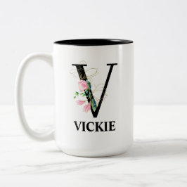 Caneca De Café Em Dois Tons Belo alfabeto V monogramado floral