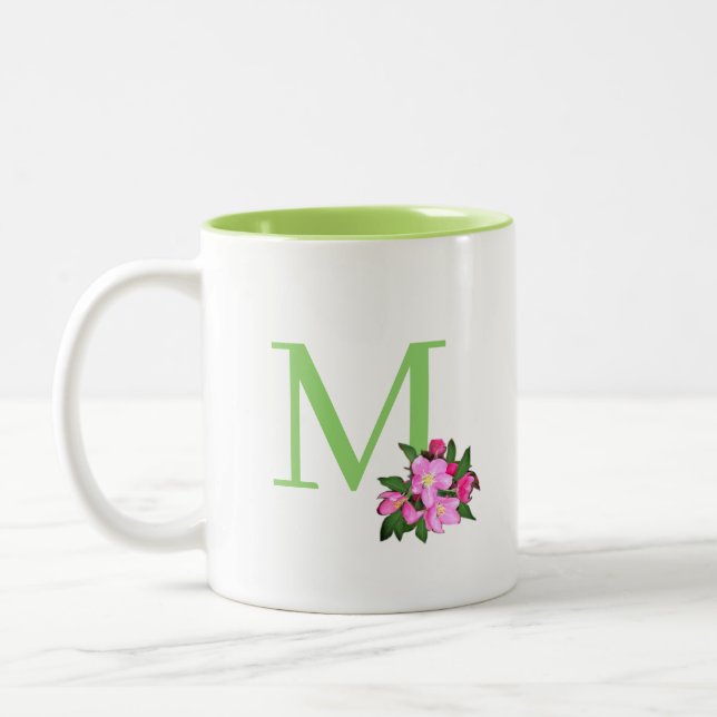 Caneca De Café Em Dois Tons Belo monograma verde com flores de maçã (Esquerda)