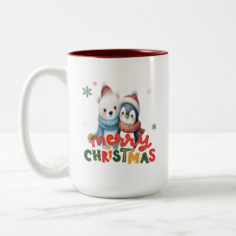 Caneca De Café Em Dois Tons Belo Urso Polar e Pinguim no Natal