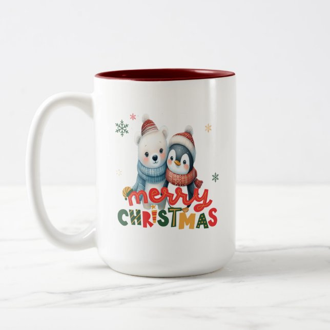Caneca De Café Em Dois Tons Belo Urso Polar e Pinguim no Natal (Esquerda)