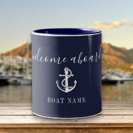 Caneca De Café Em Dois Tons Bem-vindo a Bordo Nome do Barco Âncora Náutica Azu