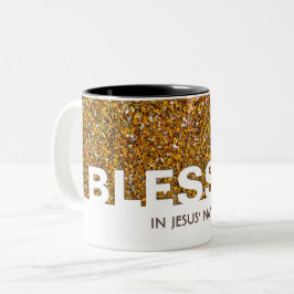 Caneca De Café Em Dois Tons BENDITO Em Nome de Jesus | Brilho Dourado Elegante