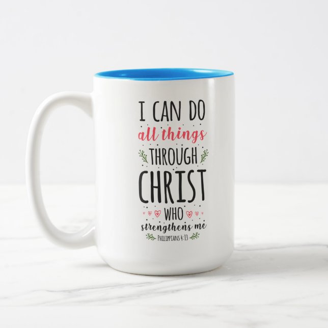 Caneca De Café Em Dois Tons Bíblia Cristã Verse Philippians 4:13 (Esquerda)
