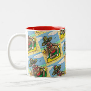 CANECA DE CAFÉ EM DOIS TONS BICHETE VERMELHO DE MACACO, NA PRAIA DE CARTOON,