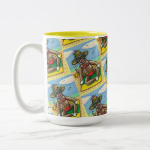 CANECA DE CAFÉ EM DOIS TONS BICHETE VERMELHO DE MACACO, NA PRAIA DE CARTOON,
