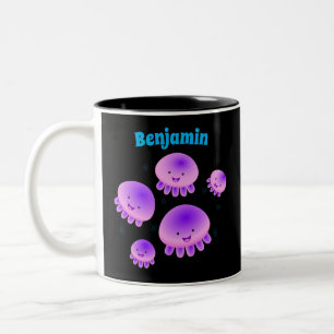Caneca De Café Em Dois Tons Bicicleta Kawaii, de águas-vivas roxas, cor-de-ro