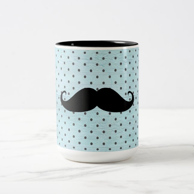 Caneca De Café Em Dois Tons Bigode preto engraçado em bolinhas do azul da (Centro)