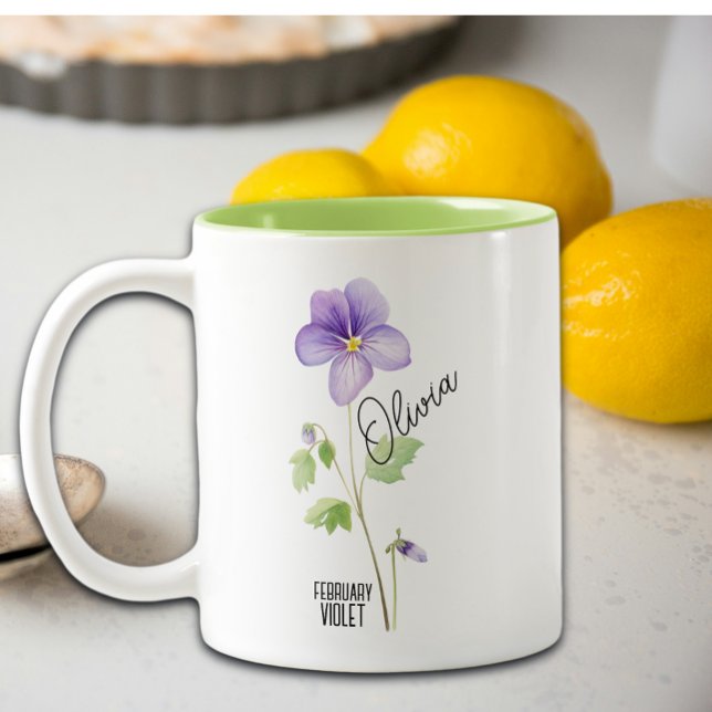 Caneca De Café Em Dois Tons Birth Flower Mês de fevereiro Nome Violeta (Criador carregado)