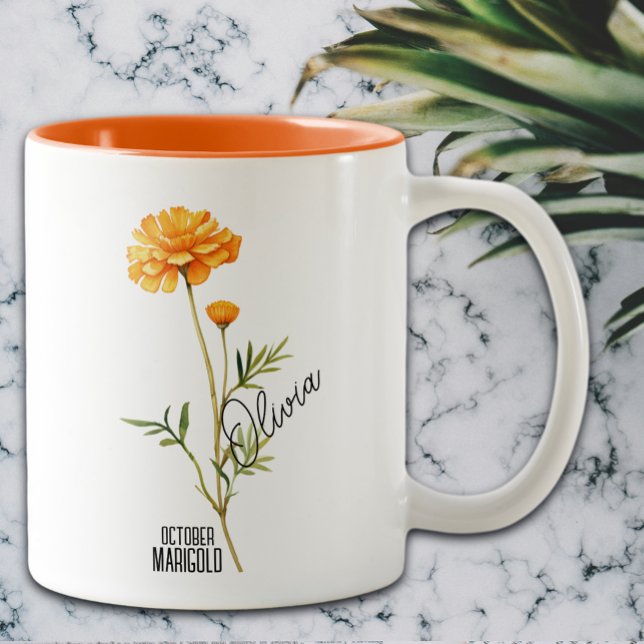 Caneca De Café Em Dois Tons Birth Flower Mês outubro Nome Marigold (Criador carregado)