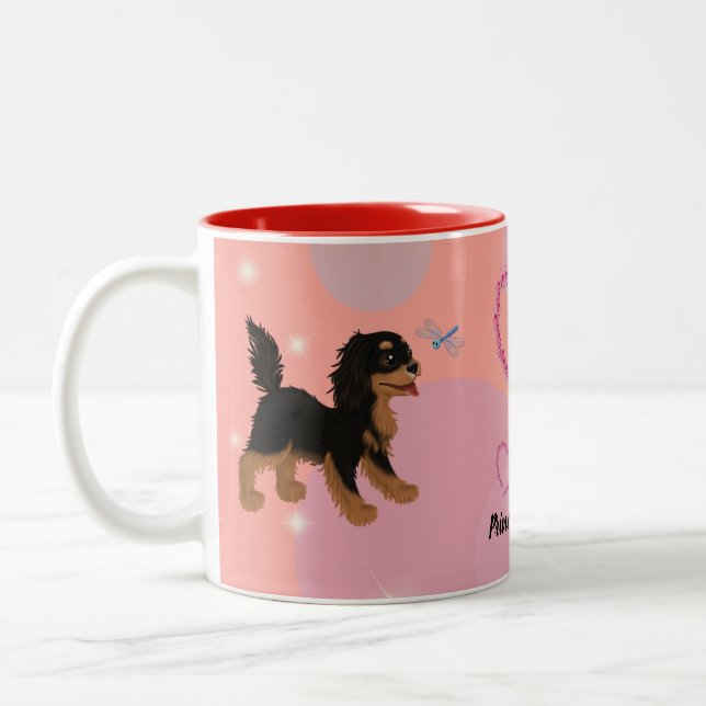 Caneca De Café Em Dois Tons Black and Tan Cavalier Spaniel and Dragonfly (Esquerda)