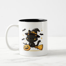 Caneca De Café Em Dois Tons Black Cat Witch on Broomstick & Pumpkin Halloween