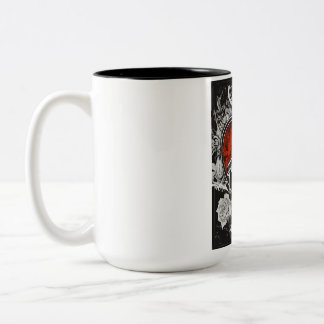 Caneca De Café Em Dois Tons "Blackened Bonds: Gun, Bracelet, Heart Inferno"