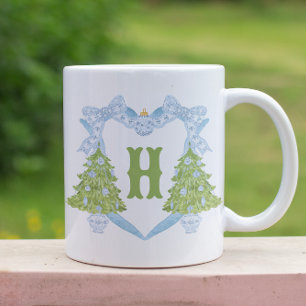 Caneca De Café Em Dois Tons Blue Chinoiserie Árvore Natal Monograma Crest