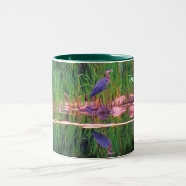 Caneca De Café Em Dois Tons Blue Heron Reflete Arte Animal Personalizada (Centro)