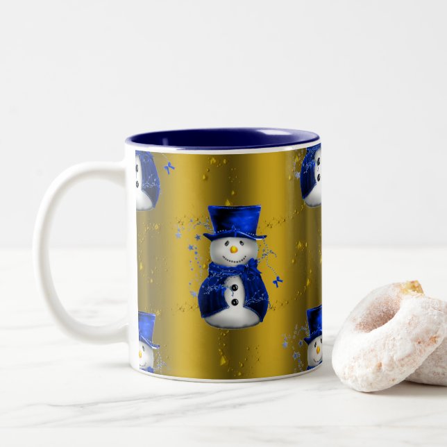 Caneca De Café Em Dois Tons Blue Snowman no Dourado Natal (Com Donut)