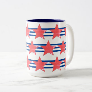 Caneca De Café Em Dois Tons Blue Strips com Red Stars Mug
