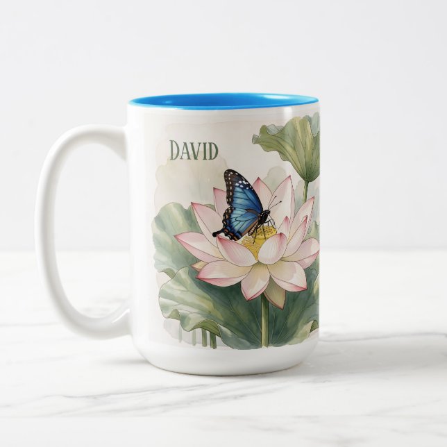 Caneca De Café Em Dois Tons Blue Swallowtail Butterfly With Lotus Flower Name (Esquerda)
