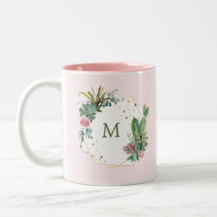Caneca De Café Em Dois Tons Blush Geométrico Cactus com Monograma