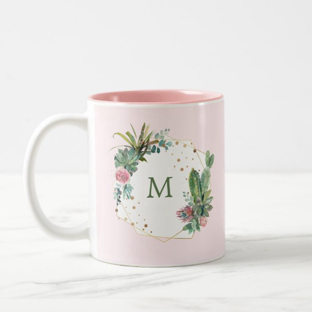 Caneca De Café Em Dois Tons Blush Geométrico Cactus com Monograma (Esquerda)