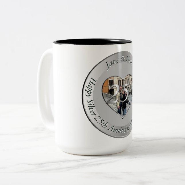 Caneca De Café Em Dois Tons Bodas de Prata de 25 anos + Foto (Frente Esquerda)