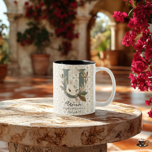 Caneca De Café Em Dois Tons Boho Chic Floral Monograma Mug - Uma