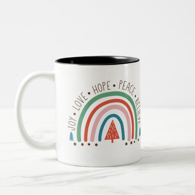 Caneca De Café Em Dois Tons Boho Christmas Rainbow Mug | Joy Love Hope Peace (Esquerda)
