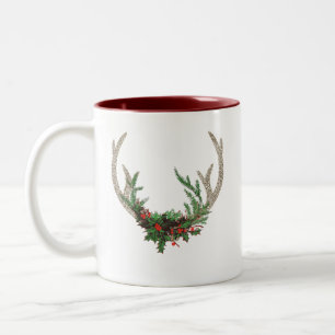 Caneca De Café Em Dois Tons Boho Deer Antlers Floral Russo de Natal Vermelho