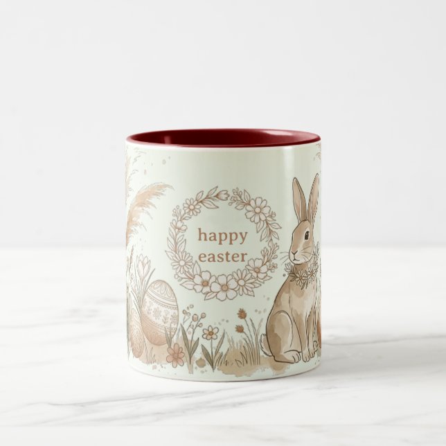 Caneca De Café Em Dois Tons Boho Easter Bunny with Floral Wreath Illustration (Centro)