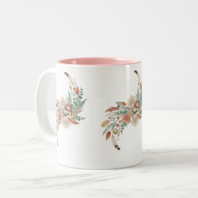Caneca De Café Em Dois Tons "Boho Moon Floral Mug, Macrame & Feather Cup (Frente Esquerda)