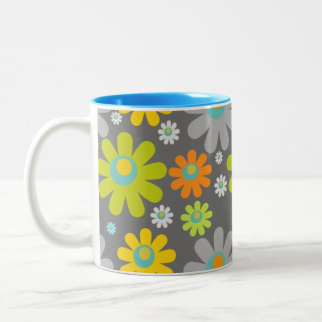 Caneca De Café Em Dois Tons Boho Retro Daisies na Cinza (Esquerda)