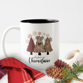 Caneca De Café Em Dois Tons Boho Xadrez Búfalo Leopardo Brilho Árvore Floco de