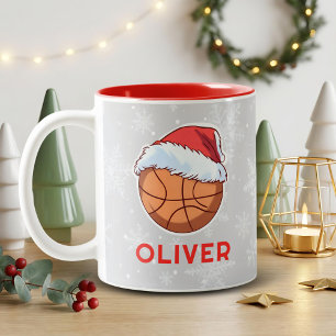 Caneca De Café Em Dois Tons Bola de Basquete Chapéu Vermelho do Papai Noel Nom