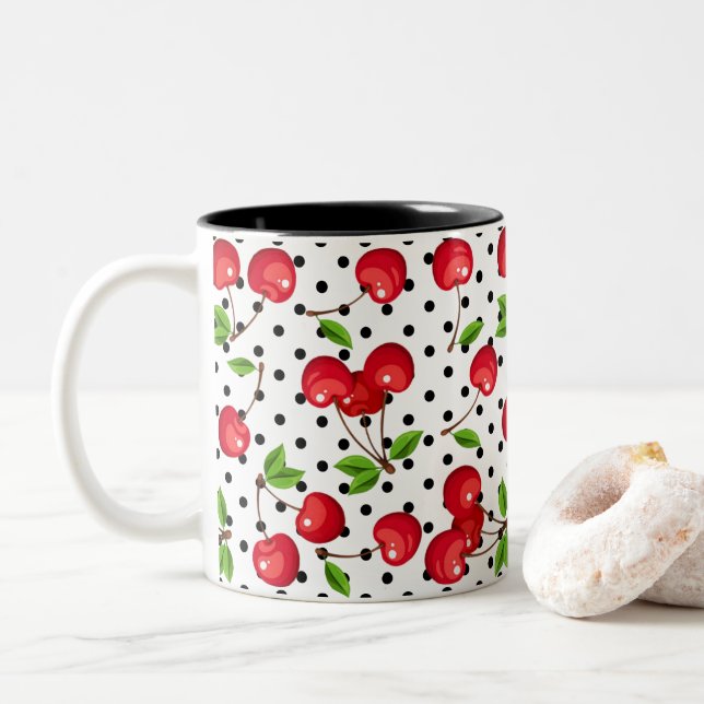 Caneca De Café Em Dois Tons Bolinhas Rockabilly Cherries em Branco (Com Donut)