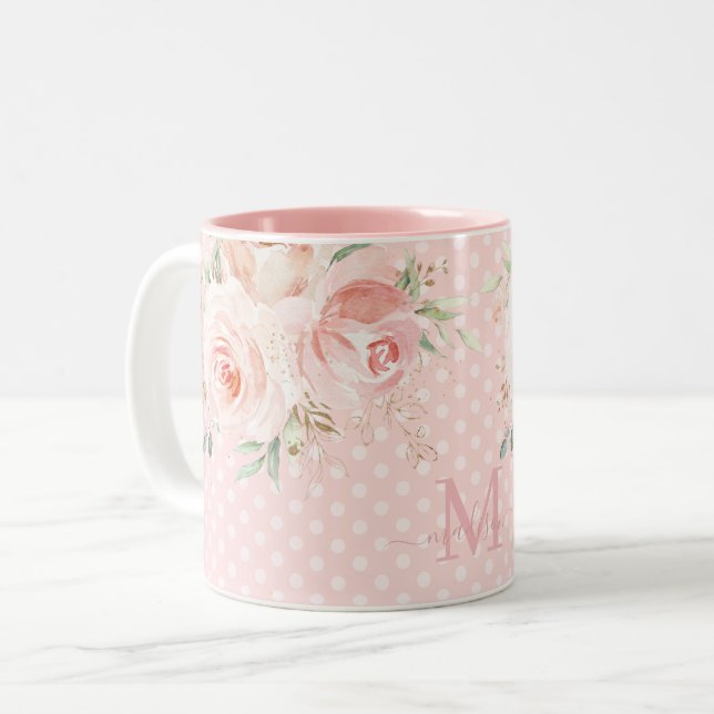Caneca De Café Em Dois Tons Bolinhas Rosa Suaves Rosas Blush Monograma Floral (Frente Esquerda)