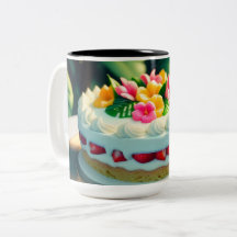 Bolo com flores e fruta no topo e uma flor
