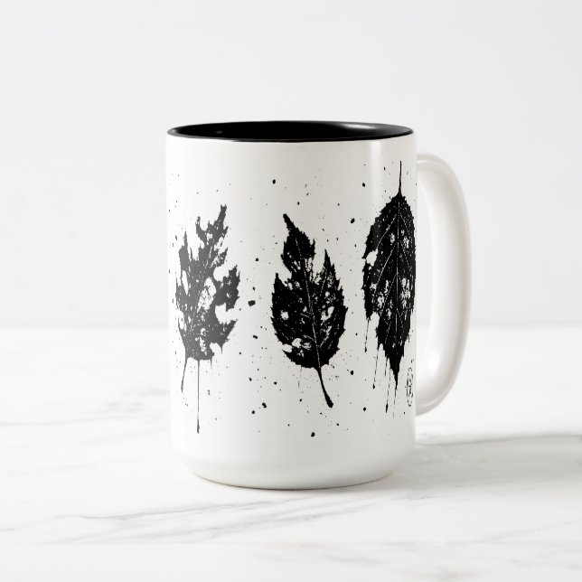 Caneca De Café Em Dois Tons Bolsa Tote Folhas Mortas Prensadas a Tinta (Frente Esquerda)