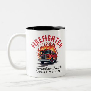 Caneca De Café Em Dois Tons Bombeiro Caminhão de Bombeiros em Resgate de Incên