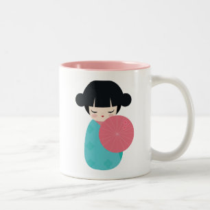 Caneca De Café Em Dois Tons Boneca de Kokeshi AZUL - Garota Geisha Japonesa Bo