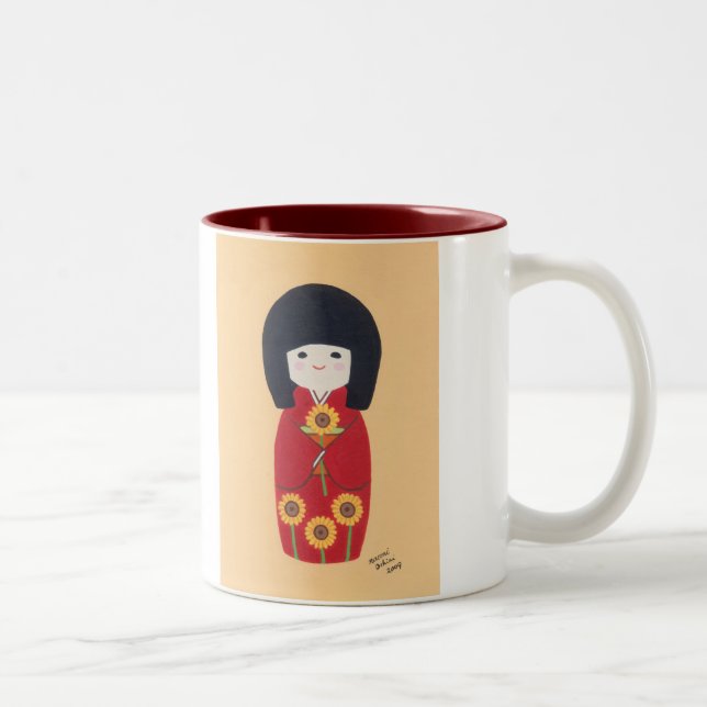 Caneca De Café Em Dois Tons Boneca de Kokeshi com girassol (Direita)