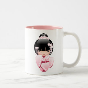 Caneca De Café Em Dois Tons Boneca White Kimono Kokeshi - Garota Gisha Bonita