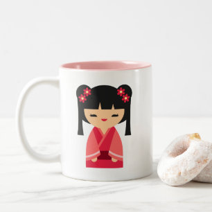 Caneca De Café Em Dois Tons Bonecas japonesas cor-de-rosa Kokeshi
