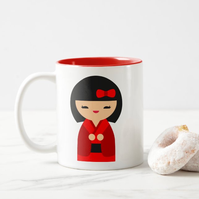 Caneca De Café Em Dois Tons Bonecas japonesas Red Kokeshi (Com Donut)
