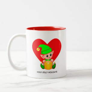 Caneca De Café Em Dois Tons Bonita Coffee Elf de Natal e Coração