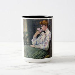 Caneca De Café Em Dois Tons Bonita Mulher Cheirando Cheiro de Flores (Reverifi