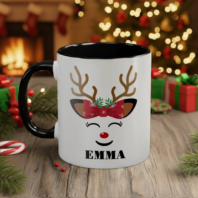 Caneca De Café Em Dois Tons Bonita Rena Sorridente no Natal (cute reindeer face holiday merry Christmas coffee mug)