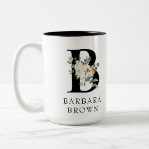 Caneca De Café Em Dois Tons Bonito Acentos Dourados Florais Brancos Monograma
