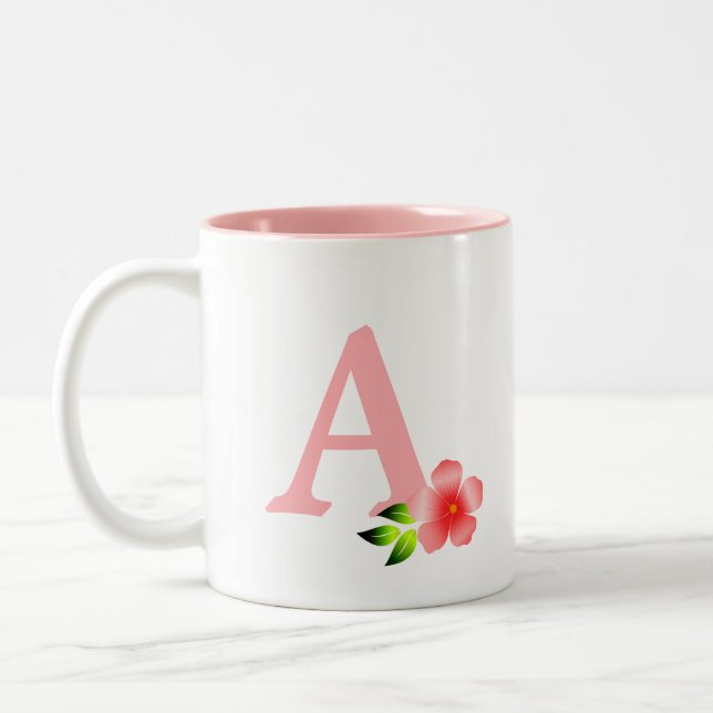 Caneca De Café Em Dois Tons Bonito monograma rosa com flor em branco (Esquerda)