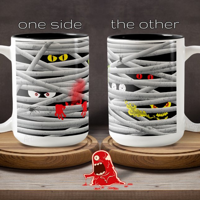 Caneca De Café Em Dois Tons Bonito Monstro Olhos Múmias Halloween (Criador carregado)