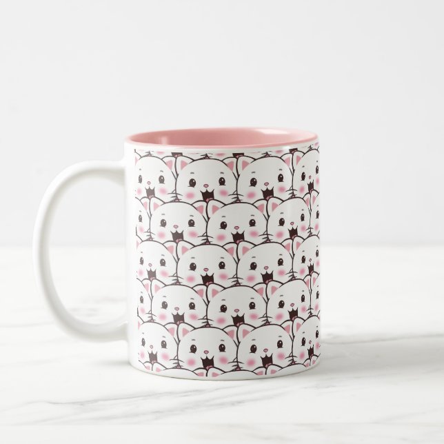 Caneca De Café Em Dois Tons Bonito Padrão de Cartoon de Gato Branco (Esquerda)